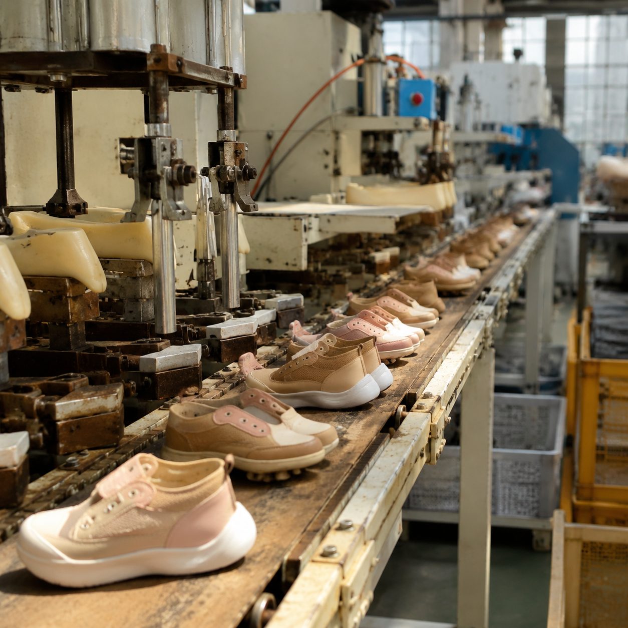 Shoe lasting and assembly line with children's shoes in progress