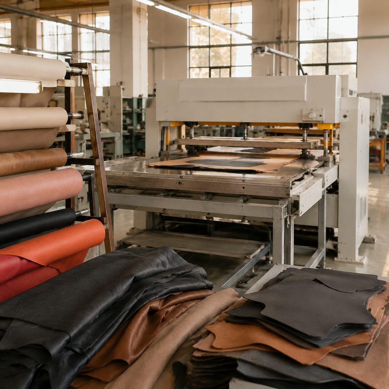 Material cutting station with rolls of shoe upper fabric