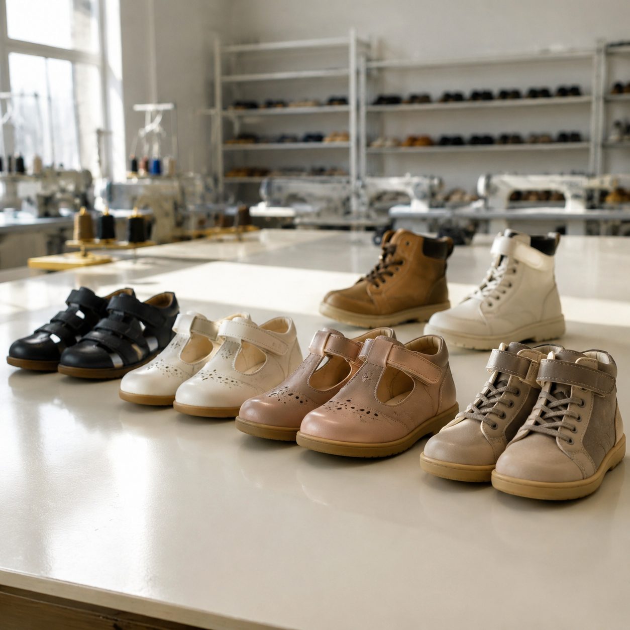 Children's shoes arranged on the inspection table in our sample room
