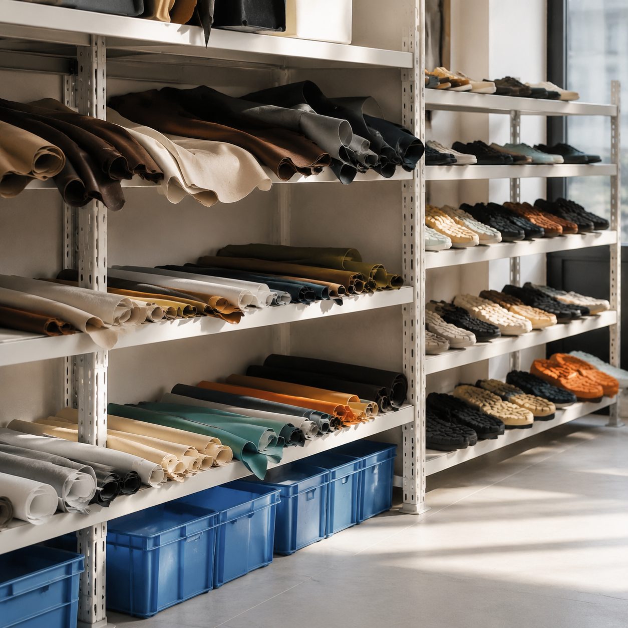 Shelves of upper and outsole material rolls
