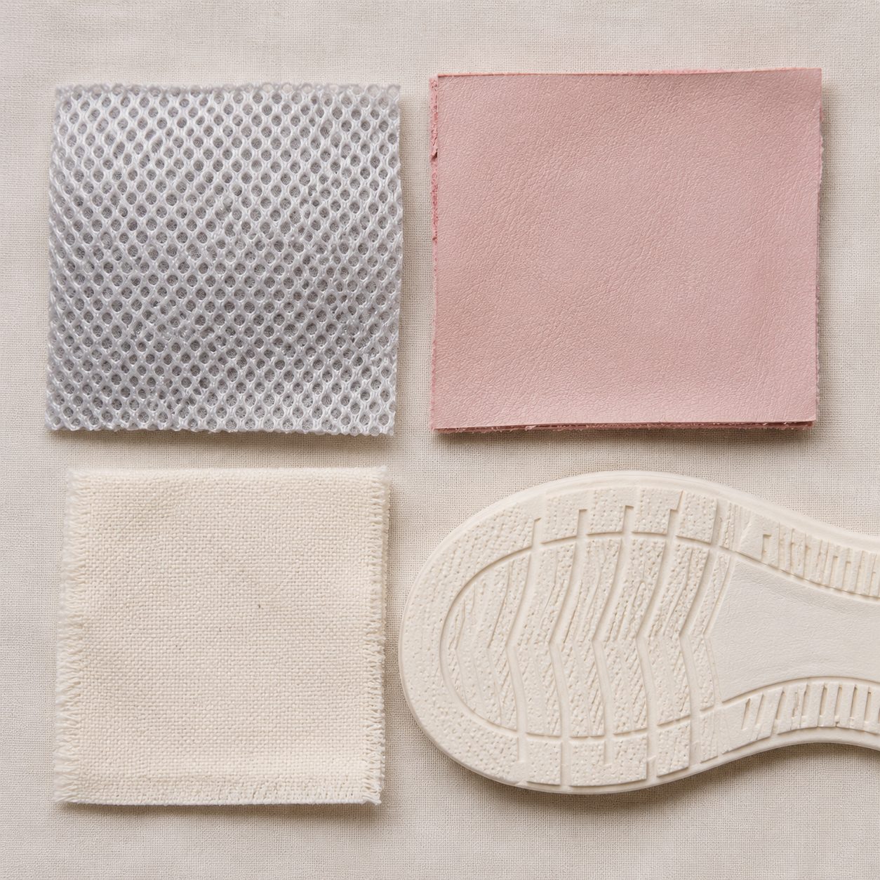 Flat-lay of kids' shoe material swatches