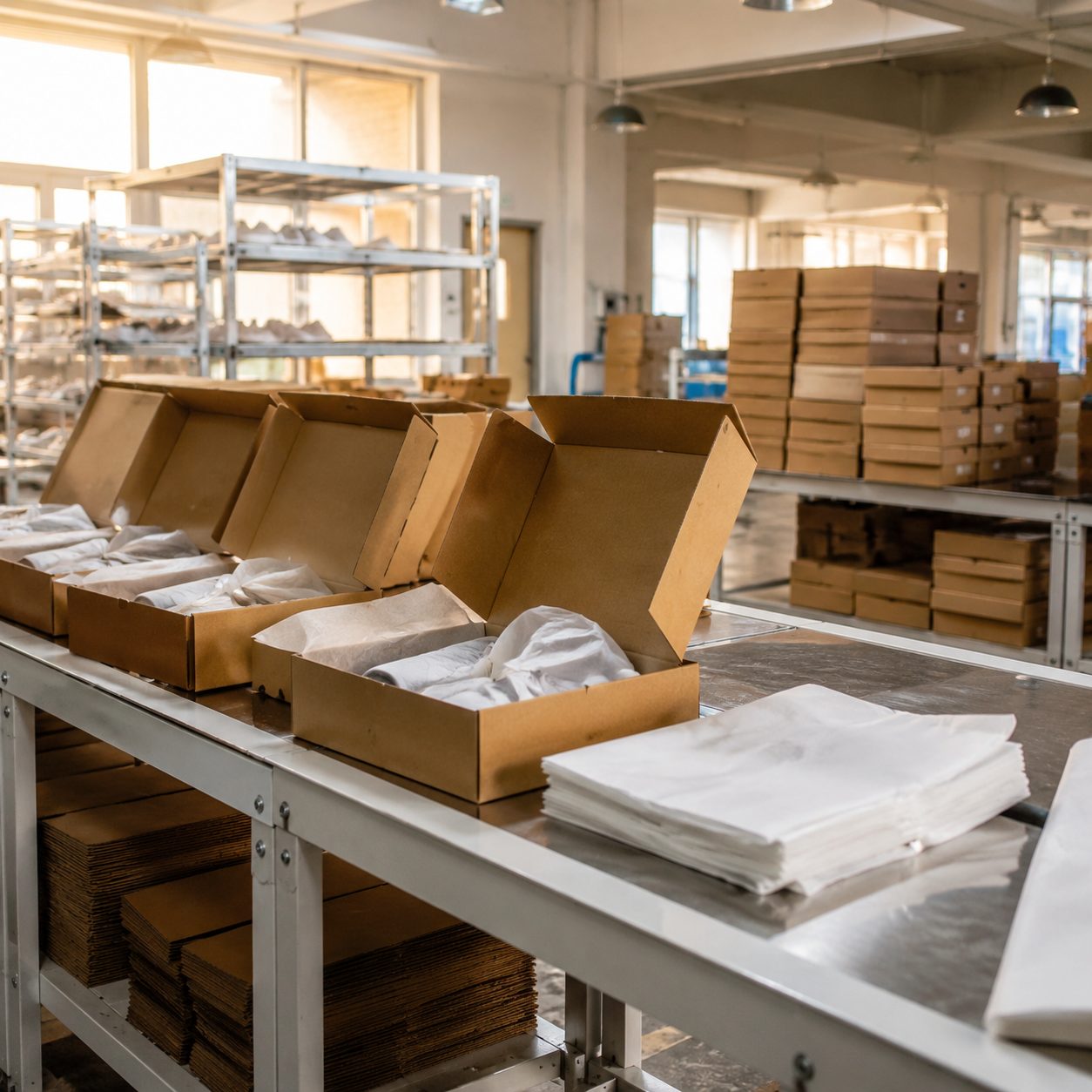 Packing station where finished shoes are boxed