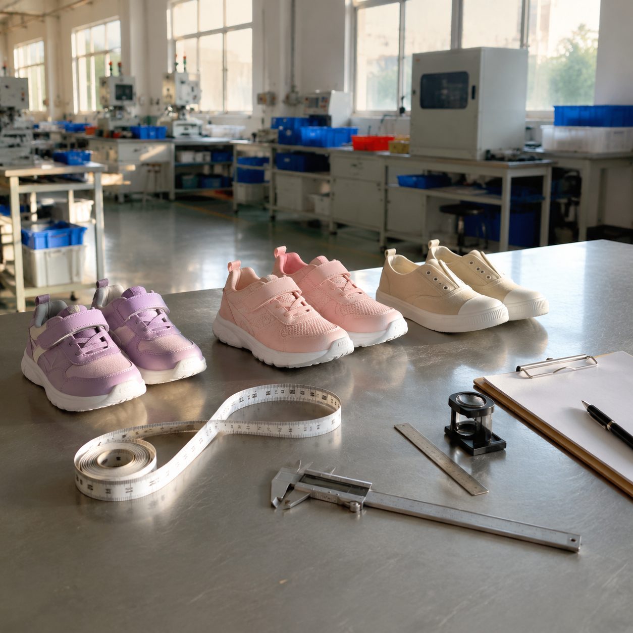 Quality-control table with finished children's shoes and inspection tools