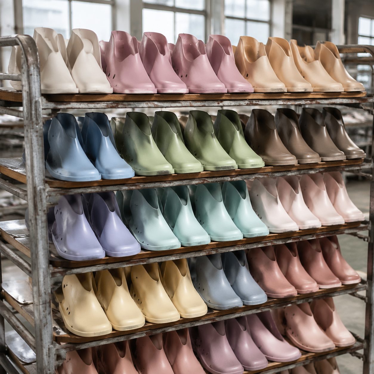 Rows of children's shoe lasts on a factory rack