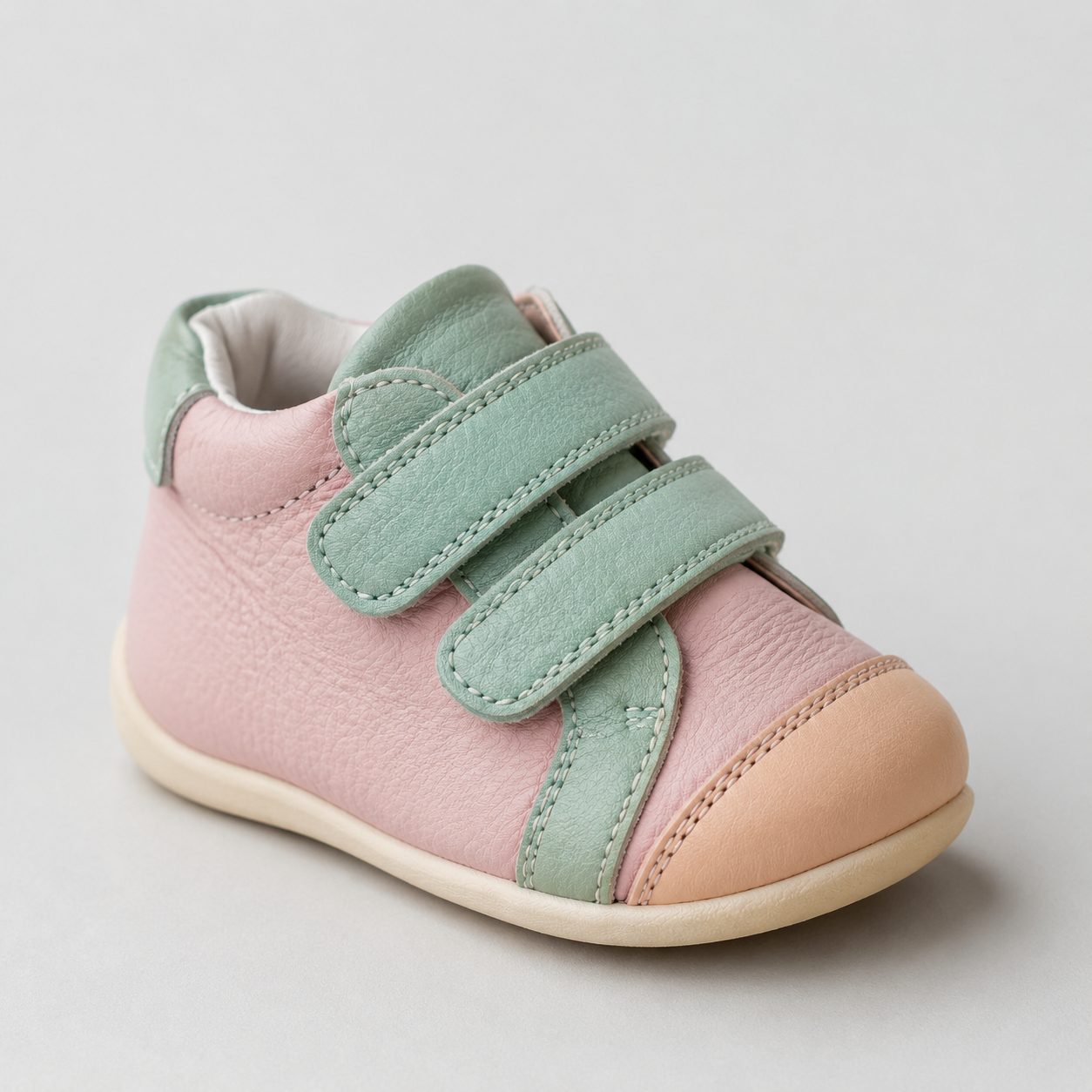 Soft toddler first-walker shoes in pink with mint hook-and-loop straps
