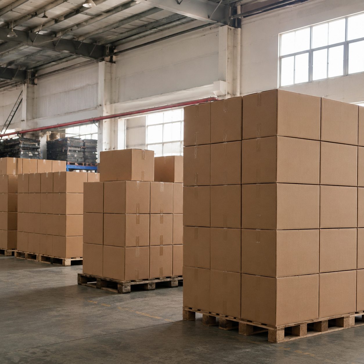 Export warehouse with stacks of shipping cartons on pallets