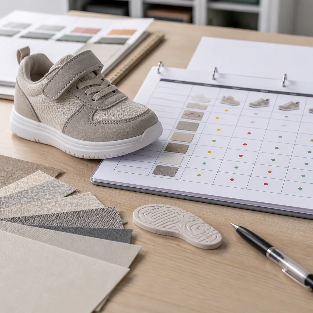 Children's sneaker sample beside a buyer revision matrix, material swatches and closure references