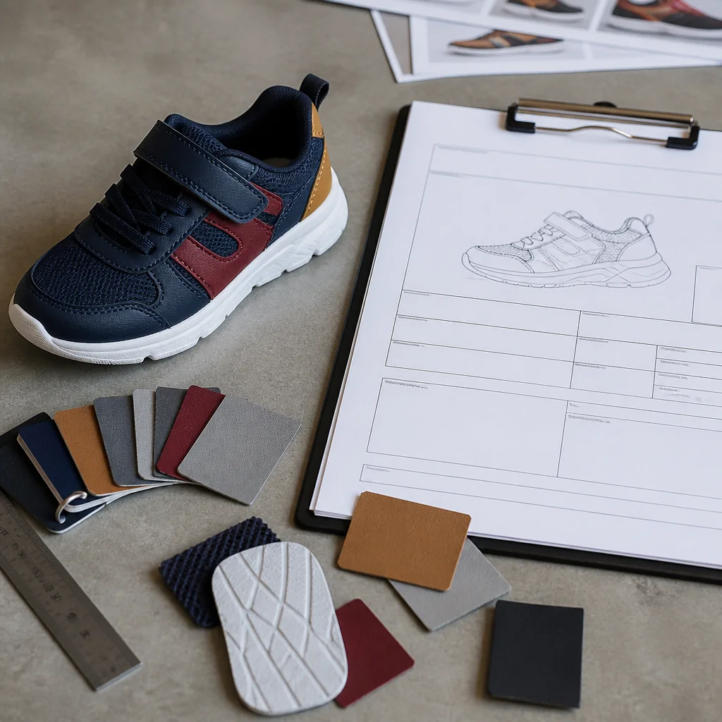 Children's sneaker sample beside a buyer brief with separate size-range and open-question fields