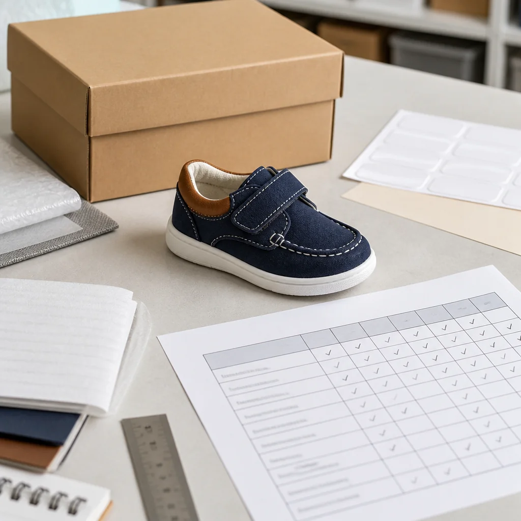 Children's shoe sample beside a buyer packing requirements matrix and a plain carton