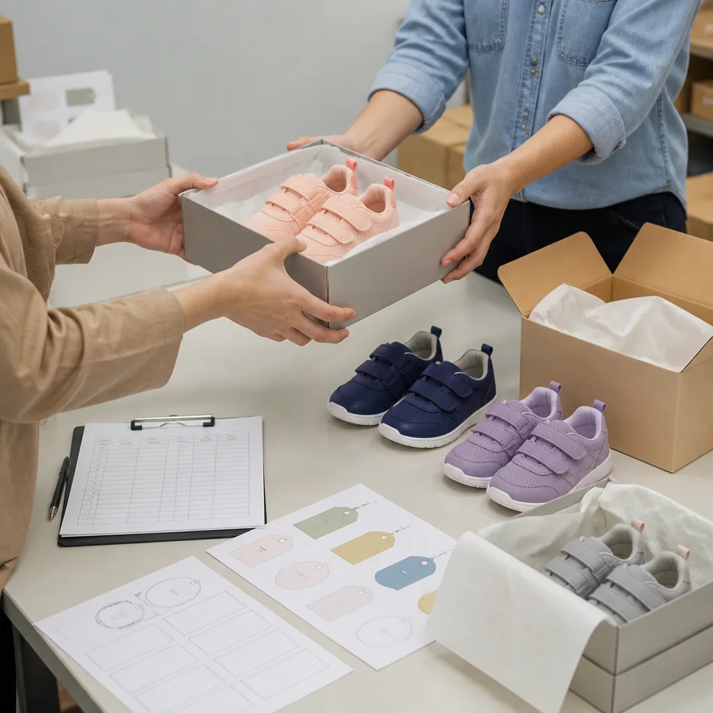 Children's shoe packing handoff worksheet beside cartons, label artwork and packed footwear