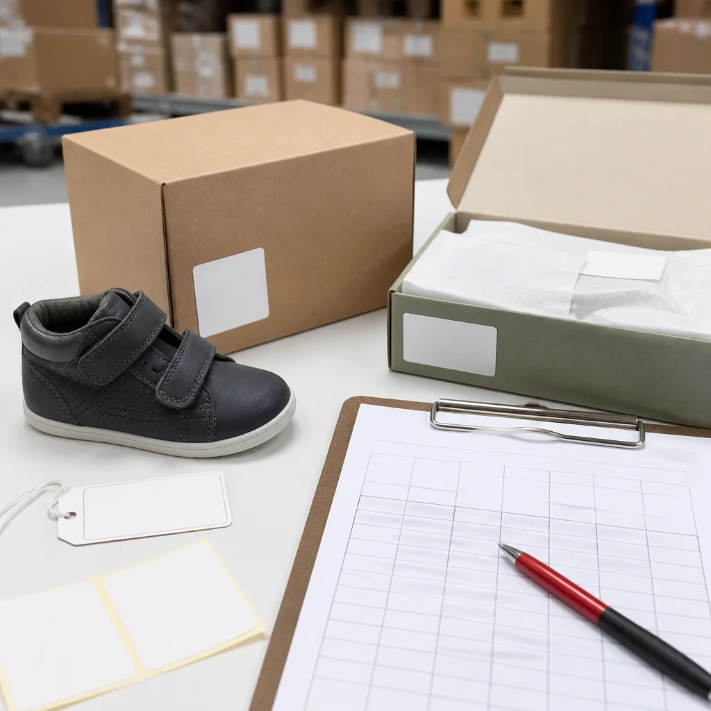 Unbranded children's shoe sample beside a neutral carton and a buyer-owned receiving record with final-packing fields.