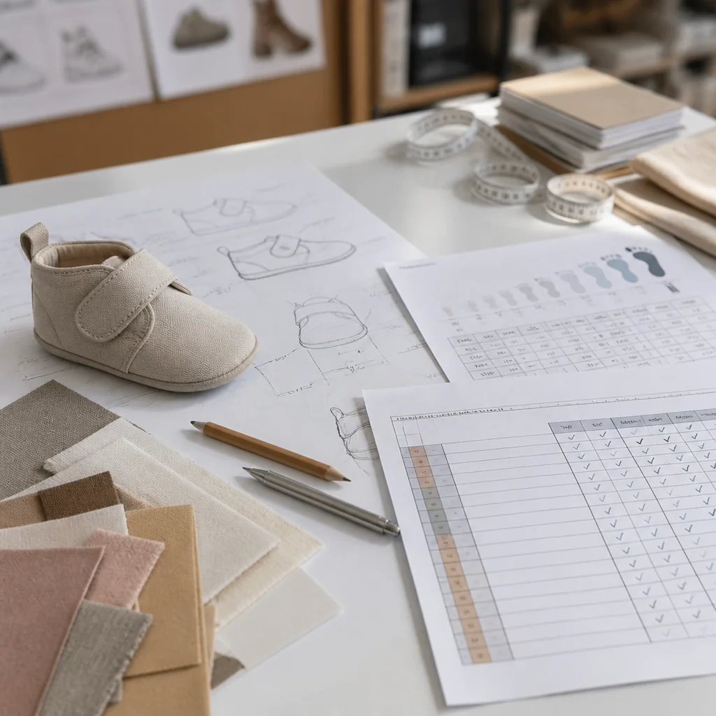 Infant footwear project brief beside a responsibility and timing register for testing-document questions
