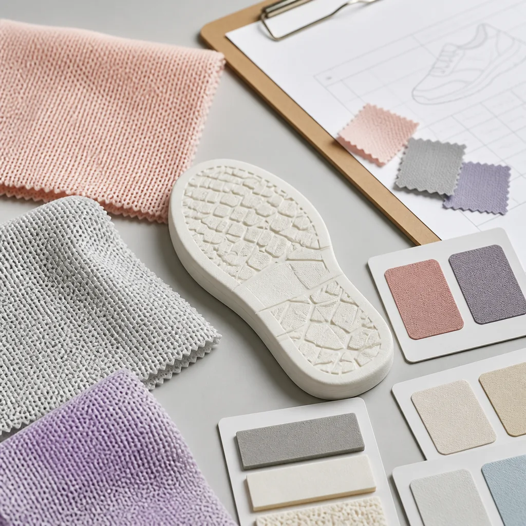 Children's footwear materials laid out for a pre-sample wholesale brief