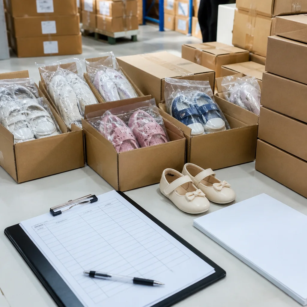 Unbranded children's shoes and cartons beside a receiving brief
