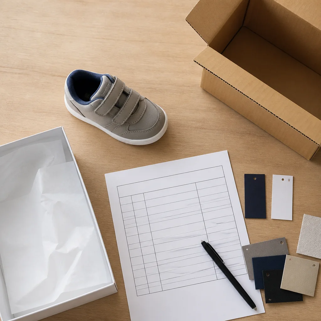 Blank packing annex beside an unbranded small shoe sample, labels and an outer shipping carton