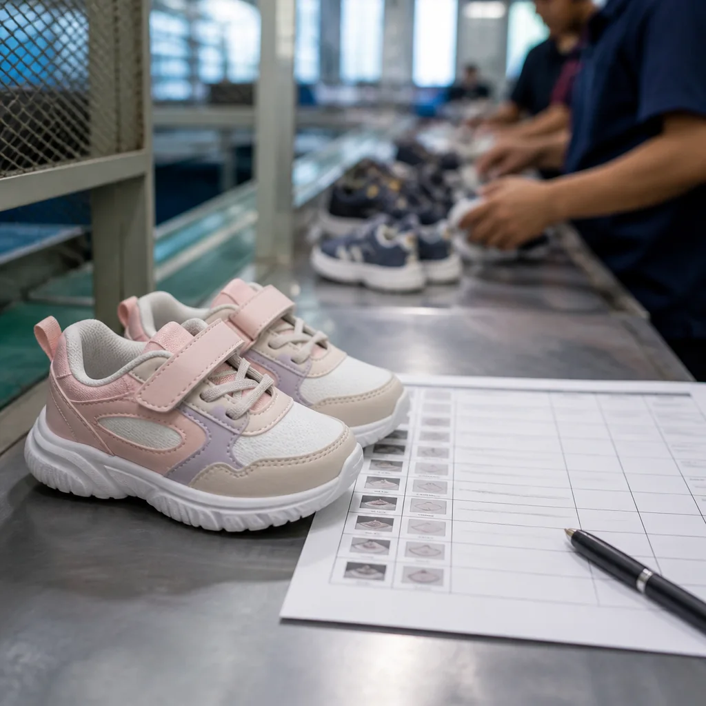Kids sneakers on a production table with a blank bulk inspection control sheet