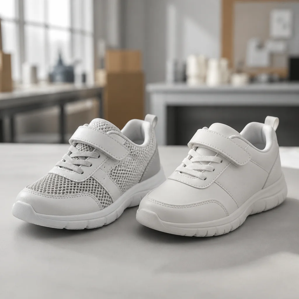 Children's sneaker uppers showing mesh and PU material options for wholesale programs