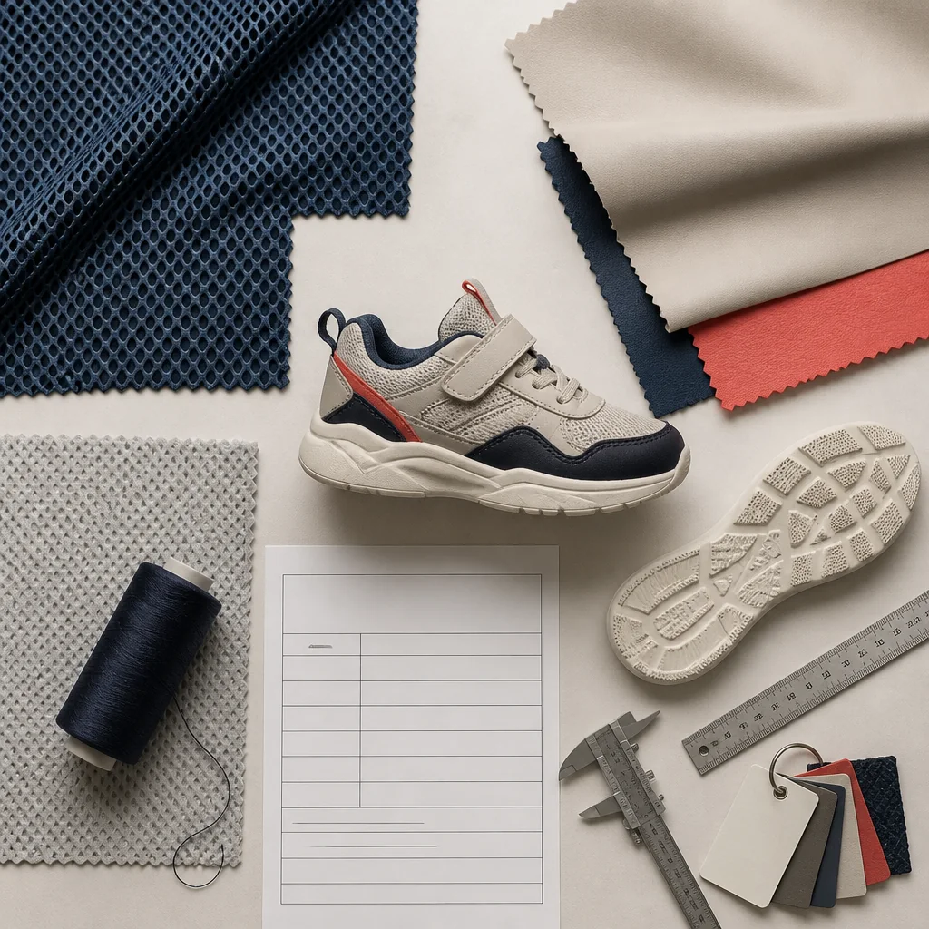 Side-by-side mesh and PU upper swatches beside a private-label children's sneaker specification sheet
