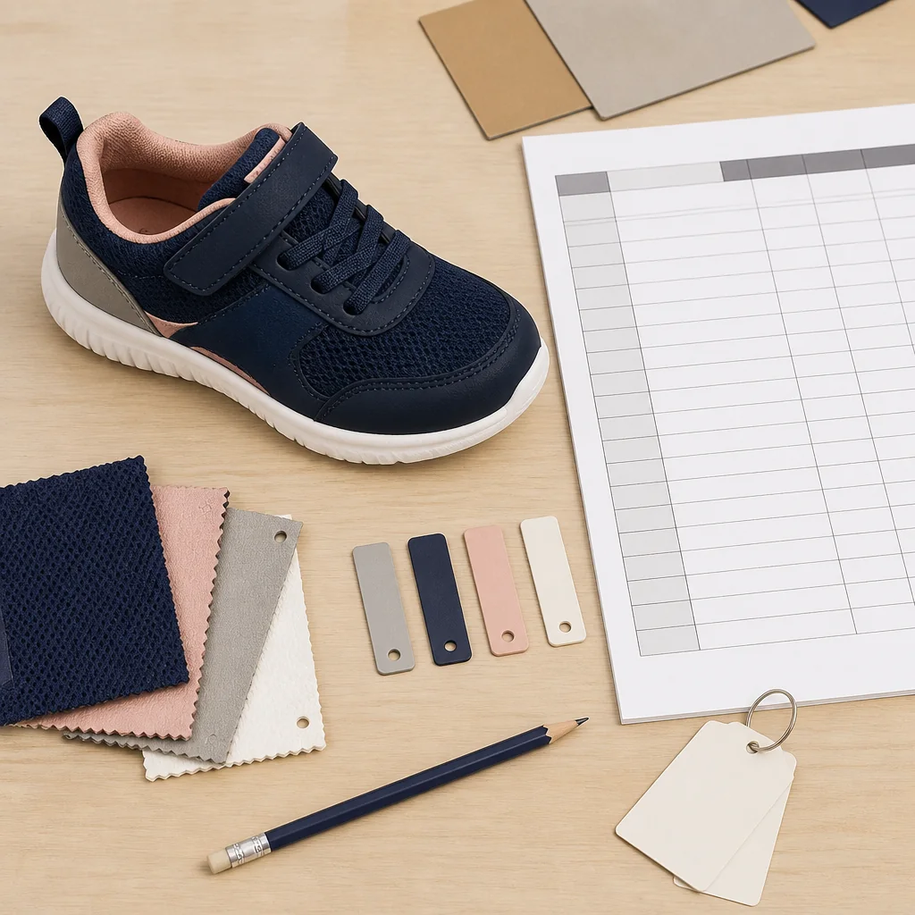 Children's sneaker sample beside a field-by-field buyer approval matrix