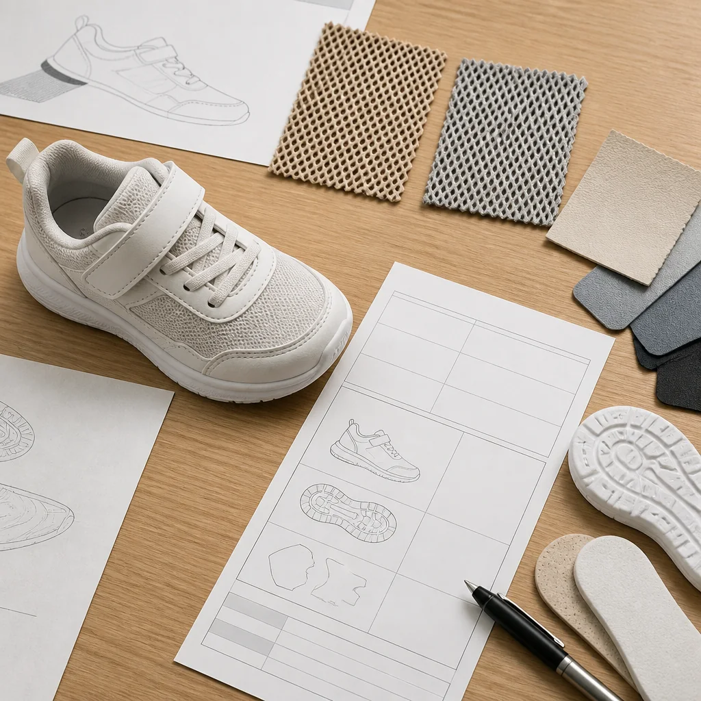 Mesh swatches beside a children's sneaker upper specification sheet