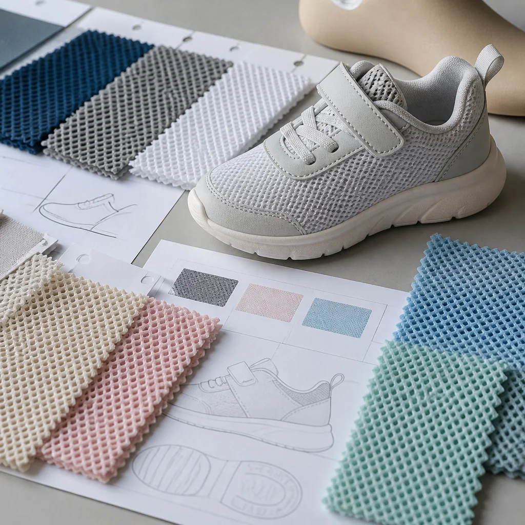 Mesh upper material swatches beside a children's sneaker sampling brief