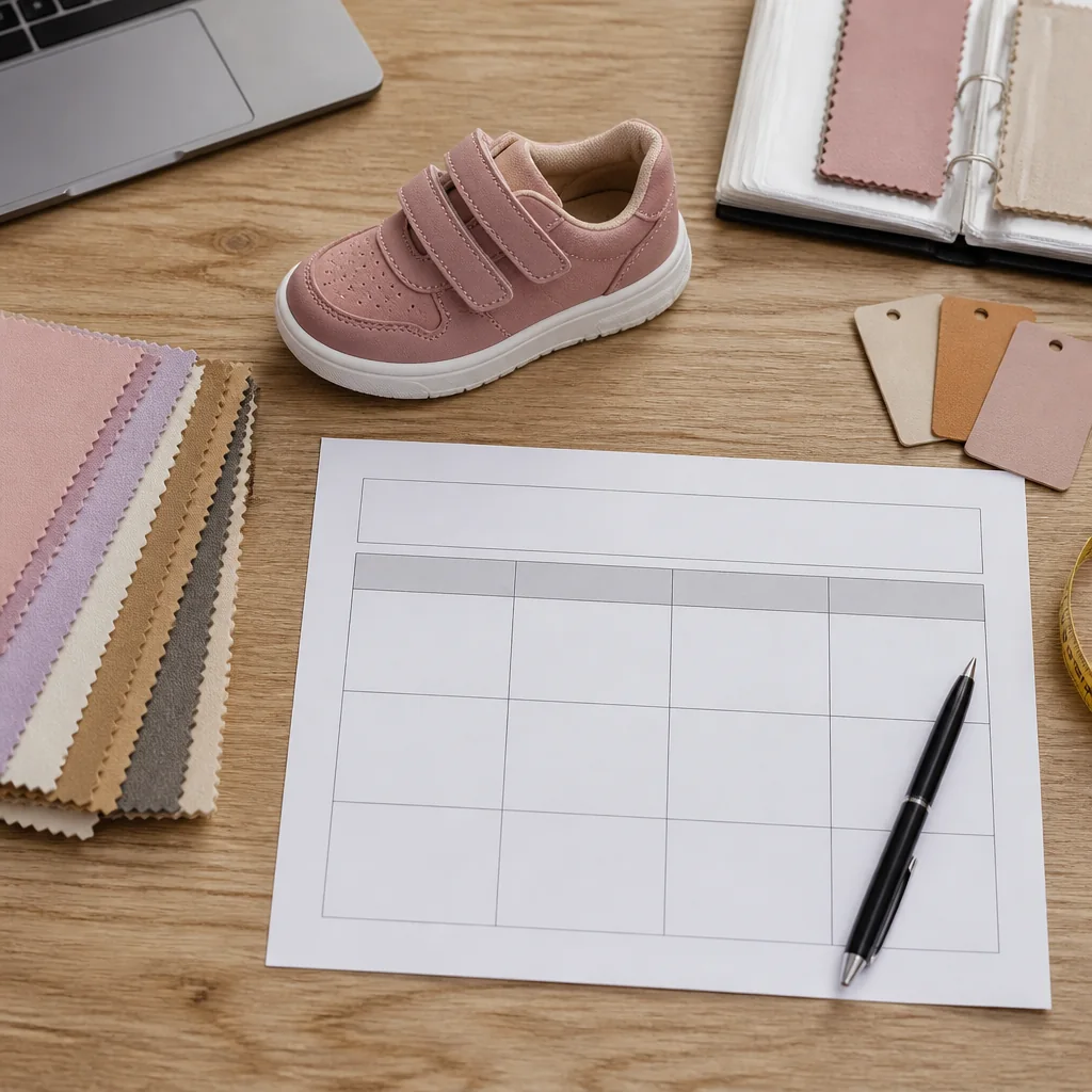 Procurement worksheet for defining a children's shoe test report request beside a small footwear sample